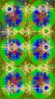 Raster illüstrasyonu. Kar tanelerinin soyut arkaplanlı Noel şablonu. Yeşil, mavi ve sarı kar taneleri. Noel ve Yeni Yıl moda baskıları için tatil tasarımı.