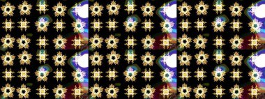 Raster illüstrasyonu. Siyah, kahverengi ve sarı renkli kristal kar taneleri.