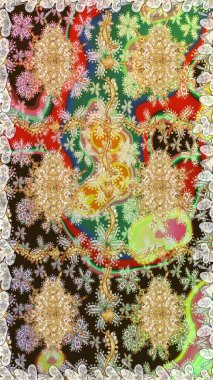 Kahverengi renkte altın bir element. Damask arkaplanı. Altın çiçekli, pürüzsüz desen. Barok tarzında altın çiçekli süs..