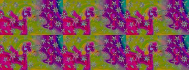 Asya tekstil tarzında. Raster illüstrasyonu. Çiçek desenli çizim. Raster illüstrasyonu. Yeşil ve mor renkte çiçekler.