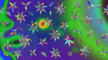 Yeşil ve mavi renkli bitkilerden oluşan parlak çiçekli çizim deseni.