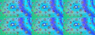 Küçük mavi ve yeşil çiçeklerle oldukça eski bir besin torbası deseni. Tekstil, kumaş, kapaklar, duvar kağıtları, baskı, paket, koleksiyon defteri, örgü, dekupaj için çiçek arkaplanı..
