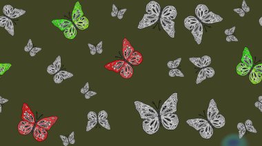 Davetiye, kart ve parmak izi için basit kadınsı bir model. Robot resim. Yeşil arka planda kelebek. Rastgele yeşil kelebekler şirin desenler. Raster illüstrasyonu.