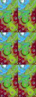 Çok yeşil ve kırmızı zarif küçük çiçekler ve yeşil ve kırmızı renkli komik böcekler, raster desen, illüstrasyon.