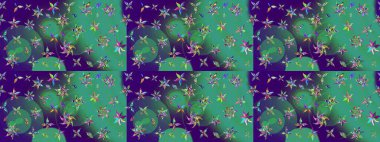 Raster illüstrasyonu. Çiçek arkaplan. Renkli çizim kalıbı. Çiçek duvar kâğıdı. Mavi ve yeşil renkli şirin tekstil.