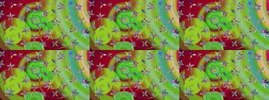 Üzerinde gelincikler ve vadi zambakları olan renkli çiçek desenli nakış deseni. Tekstil tasarımı için yeşil ve kırmızı renkli geleneksel halk çiçekleri buketi.