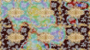 Raster altın çiçek süsü brokar kumaş ve cam desenli. Altın şablonu çiz. Çiçek desenli altın metal. Altın elementli kahverengi renkler.