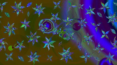 Raster. Kahverengi ve yeşil renkte güzel çiçekleri olan eskiz deseni, suluboya çiçek deseni, duvar kağıdı, kart veya kumaş için fayanslı..