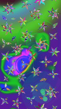 Raster illüstrasyonu. Çiçekli karalama şeklinde Raster çiçek deseni. Yumuşak, yaz çiçekleri yeşil ve mor renklerde.