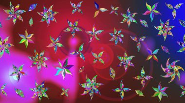 Raster illüstrasyonu. Çiçek ve yapraklı karalama şeklinde Raster çiçek deseni. Kibarca, bahar çiçekleri kırmızı ve mor renklerde.