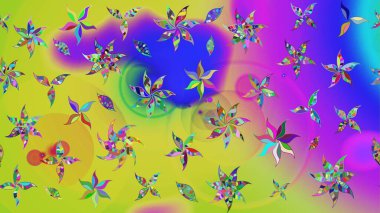 Mor ve sarı renkli çiçekler. Raster Illustrasyon 'daki Çiçek Deseni' nin son moda çizimi. Düz Çiçek Elementleri Tasarımı. Renkli Yaz Teması çizim şablonu.