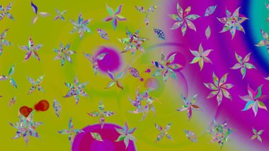 Yeşil ve mor renkli küçük çiçekler ve yeşil ve mor renkli komik böcekler, raster deseni, illüstrasyon.