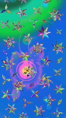 Retro tekstil tasarım koleksiyonu. Mavi ve yeşile mavi ve yeşil. 1950-1960 motifleri. Çiçekli ipek eşarp. El çizimi çiçek elementleri ile soyut çizim raster deseni.