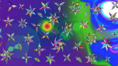 Mavi ve mor renkli çiçekler. Raster illüstrasyonu. Çiçek süslemeli çizim deseni.