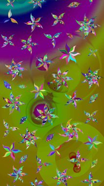 3D çiçekler, eskiz. Yeşil ve kahverengi renklerde. Raster illüstrasyonu.