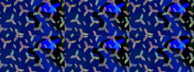 Mavi, siyah ve yeşil renkler. Noel ve yeni yıl moda baskıları için tatil tasarımı. Kar tanelerinin soyut arkaplanlı Noel şablonu. Raster illüstrasyonu.