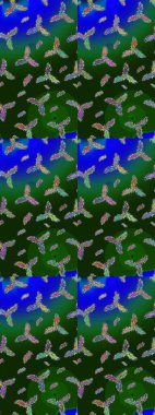 Raster illüstrasyonu. Kar tanelerinin soyut arkaplanlı Noel şablonu. Noel ve yeni yıl moda baskıları için tatil tasarımı. Yeşil, gri ve mavi kar taneleri.