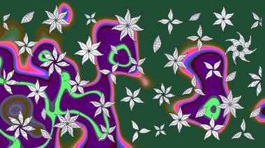 Raster illüstrasyonu. Şirin çiçekli eskiz deseni ve yeşil renkli yapraklar, suluboya çiçek deseni, duvar kağıdı, kart veya kumaş için fayanslı.