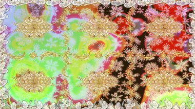 Altın antika ortaçağ dekoratifi, yapraklar ve tarafsız renklerde altın desenli süslemeleri olan dikişsiz bir şablon. Kusursuz kraliyet lüksü, altın barok kumaş rengi..