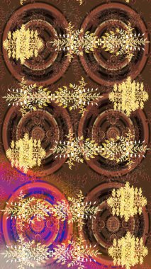 El çizimi, dövme stili karalama, kumaş tasarımı ve Raster illüstrasyonunda kartlar. Kahverengi, sarı ve bej rengi mandala. Sanat terapisi tarzı çizimler için kar taneleri..