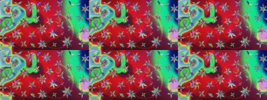 Küçük çiçekteki sevimli çiçek deseni. Renkli ve yeşil raster çizimi. Birçok kırmızı ve yeşil soyut çiçekli tropik çizim deseni.