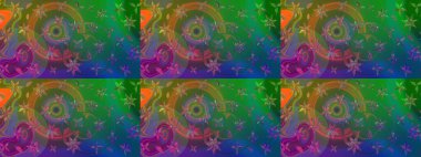 Çiçekli karalama şeklinde Raster çiçek deseni. Yeşil ve mavi renkte çiçekler. Yumuşak, bahar çiçekli arka plan.