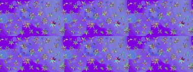 Raster Floral Illustration, Asyalı tekstil. Mor ve mavi renkte etnik çiçeklerle süslenmiş zarif bir eskiz..