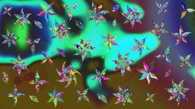 Çiçek desenli çizim. Yeşil ve kahverengi renkli Asya tekstili. Raster illüstrasyonu.