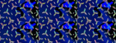 Mavi, siyah ve yeşil renkler. Noel ve yeni yıl moda baskıları için tatil tasarımı. Kar tanelerinin soyut arkaplanlı Noel şablonu. Raster illüstrasyonu.