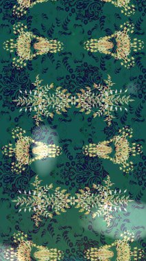 Yeşil, mavi ve nötr renklerde. Çizim kalıbı. Renkli süs kenarı. Hint süsü. Çiçek duvar kağıdı. Raster illüstrasyonu.