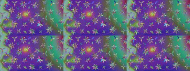 Mor ve yeşil renkte çiçekler olan çiçek deseni çiz. Suluboya tarzında mor ve yeşil renkte çiçekler.