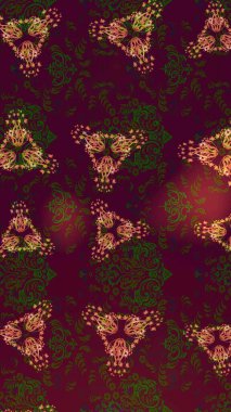 Çiçekler. Soyut etnik raster çizim kalıbı. Vadinin çiçekleri kahverengi, mor ve yeşil renklerde.