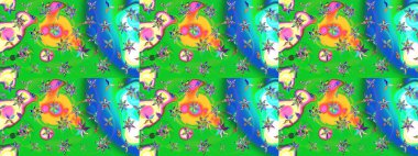 Yeşil ve mavi renkte çiçekler. Raster illüstrasyonunda çiçek deseni çizimi.