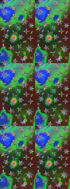 Arkaplan dokusu, duvar kağıdı, yeşil ve mavi renkli çiçek teması. Soyut etnik raster çizim kalıbı. Kabile sanatı boho baskısı, klasik çiçek arkaplanı.