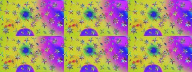 Gentle, tender floral background. Raster floral pattern in doodle style with flowers. Flowers on yellow and violet colors.