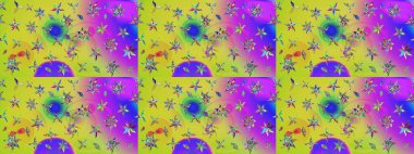 Gentle, tender floral background. Raster floral pattern in doodle style with flowers. Flowers on yellow and violet colors.