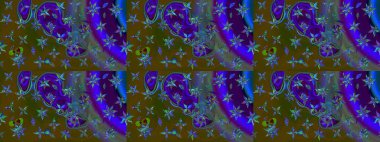 Raster illüstrasyonu. Kahverengi ve mavi renkli çiçekler. Çiçek desenli çizim. Raster illüstrasyonu. Asya tekstil tarzında.