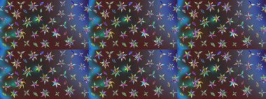 Suluboya elle çizilmiş çiçek desenli eskiz deseni. Parlak renkli fantezi çiçekleri, yapraklar, mor ve kahverengi renkli tomurcuklar, mor ve kahverengi.