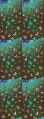 Raster Floral Illustration, Asyalı tekstil. Yeşil ve kahverengi renkli etnik çiçeklerle zarif eskiz deseni.