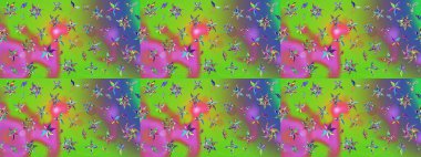 Raster suluboya çiçek deseni, narin çiçekler, yeşil ve menekşe çiçekleri, tebrik kartı şablonu. Güzel kumaş deseni.