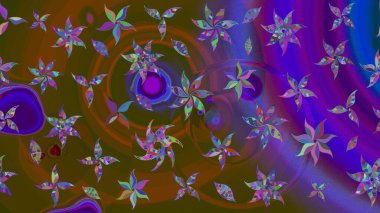 Raster illüstrasyonu. Kahverengi ve mor renkli çiçekler. Asya tekstil tarzında. Çiçek desenli çizim. Düz Çiçek Elementleri Tasarımı. Renkli Bahar Teması çizim şablonu.