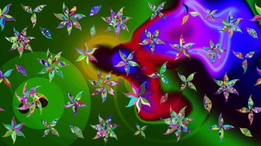 Çiçekli çizim şekli. Düz Çiçek Elementleri Tasarımı. Yeşil ve mavi renkte çiçekler. Renkli Bahar Teması çizim şablonu.