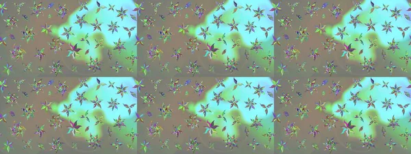 Suluboya elle çizilmiş çiçek desenli eskiz deseni. Parlak renkli fantezi çiçekleri, yapraklar, gri ve mavi renkli tomurcuklar, gri ve mavi.