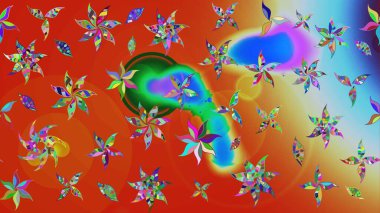 Raster çiçek desenli çiçek deseni, yapraklar, dekoratif elementler, sıçrama, lekeler, el çizimi kontur çizgileri ve Doodle çizim stili, grafik raster çizim çizimi.