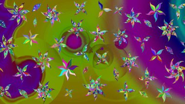 Raster Çiçek İllüstrasyonu 'nun şirin tekstili. Yeşil ve kahverengi renkli etnik çiçeklerle zarif eskiz deseni.