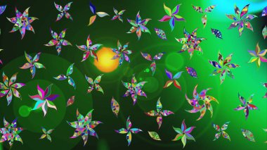 Yeşil ve gri renkli çiçekler. Raster illüstrasyonu. Tropikal çizim çiçek deseni.