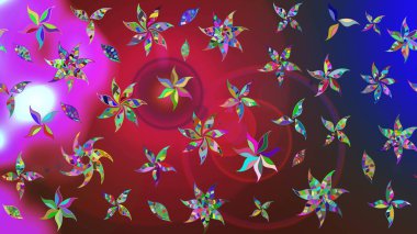 Kırmızı ve mavi renklerde. 3D çiçekler, eskiz. Raster illüstrasyonu.