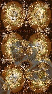 Noel ve yeni yıl moda baskıları için tatil tasarımı. Kahverengi, bej ve nötr kar taneleri. Kar tanelerinin soyut arkaplanlı Noel şablonu. Raster illüstrasyonu.