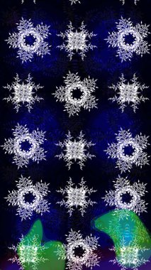 Raster illüstrasyonu. Kar tanelerinin soyut arkaplanlı Noel şablonu. Siyah, mavi ve gri renkler. Noel ve Yeni Yıl moda baskıları için tatil tasarımı.