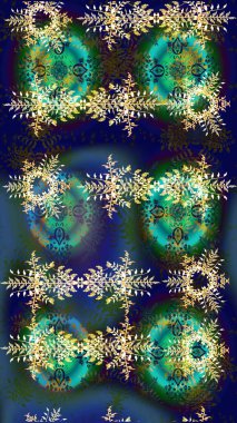 Kar taneleri radyal mavi, yeşil ve gri renkler. Renkli arka planda güzel kar taneleri. Raster illüstrasyonu..